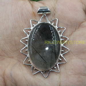 Colgante de Cuarzo Rutilado Negro Natural, Plata de Ley 925, Hecho a Mano, Diseño Ovalado con Forma de Rayos de Sol, Joyería de Cristal Curativo para Unisex - Product Image 4
