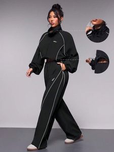 Black Contrast Trim Autumn/Winter Stand Collar Women's Two Piece Jacket and Pants Set Casual Sportswear <b>Outfit</b> - Product Image 1
