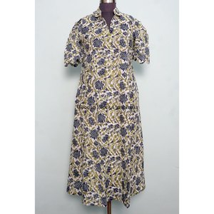 Vestido midi elegante para mujer, estampado a mano, 100% algodón indio, cómodo, de manga corta, con decoración de botones, ecológico - Product Image 3