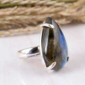 SHYAM JEWELRS Dainty 925 Sterling <b>Silver</b> Blue Fire Labradorite <b>Ring</b> Handmade Natural Pear Gemstone <b>Adjustable</b> Band Minimalist - Product Image 2