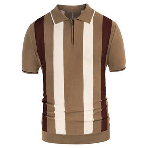 Breathable Men Crochet Knit <b>Polo</b> Shirt <b>Zip</b> <b>Up</b> Lapel Contrast Stitching Summer Knitted Shirt - Product Image 1