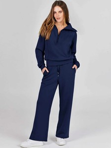 Conjunto Deportivo Verde Oliva para Mujer, Sudadera con Cierre de Media Cremallera, Pantalones Anchos, Corte Regular Informal, Manga Larga, Estampado con Efecto Ácido - Product Image 3