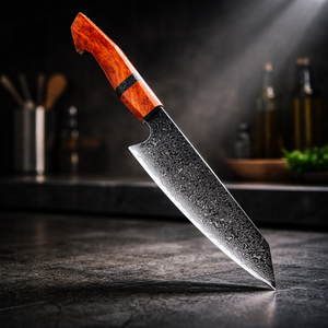 Cuchillo de Chef Extra Afilado Hecho a Mano en Acero de Damasco con Mango de Madera Ambidiestro y Funda de Cuero, Apto para Lavavajillas - Product Image 3