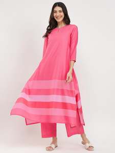 Robe maxi asymétrique rayée rose avec manches trois quarts, col rond, coupe ample, tenue décontractée d'été, tissu en mousseline de soie tissée - Product Image 4