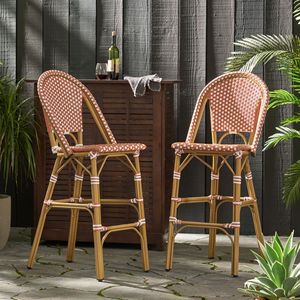 Set di 2 sgabelli da bar francesi in rattan PE da esterno da 29,5 pollici, rosso ruggine e bianco, con struttura in alluminio e finitura in bambù - Product Image 1