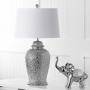 Latest design Hammered Silver metal <b>Table</b> Lamp Luxury Textured Metal Base White Fabric Shade Elegant <b>Bedside</b> Nightstand Light - Product Image 4