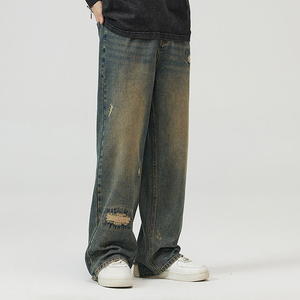 Jeans baggy droits personnalisés pour hommes, style streetwear, en denim de coton délavé foncé, effet usé, vintage et tendance - Product Image 2