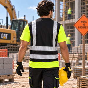 Men's <b>Hi</b> Visibility Reflective Work <b>T</b>-<b>Shirt</b> Black Yellow Short Sleeve Safety <b>Shirt</b> Polyester Construction Uniform - Product Image 2