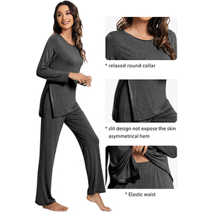 Women's Gray Knitted Long Sleeve Pajama Set Soft Full Length Casual Sleepwear Round Neck <b>Elastic</b> Waist Autumn Wear - Product Image 6