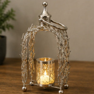 <b>Silver</b> Branch <b>Lantern</b> Candle Holder with Handle Square Home Decoration - Product Image 1