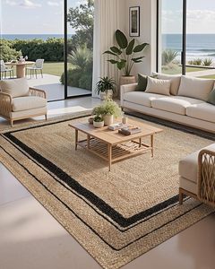 Natural Jute Area <b>Rug</b> Black Border Handwoven Carpet Eco Friendly Living Room Bedroom Coastal <b>Boho</b> Floor Decor - Product Image 1