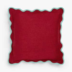 Red Square <b>Cushion</b> <b>Cover</b> with Teal Scalloped Edge Handmade Cotton Pillow Case for Home Decor - Product Image 1