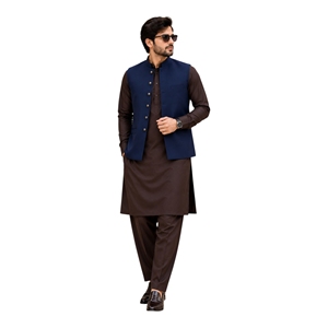 <b>Men</b> Traditional Cotton <b>Kurta</b> Pajama With Navy Blue Waistcoat Regular Fit Ankle-Length Casual Wear India Pakistan Style - Product Image 5