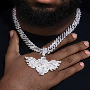 Platinum Plated Wings <b>Pendant</b> With <b>Emerald</b> Cut Diamonds Channel Setting Men's Hiphop Themed Jewelry Gift - Product Image 1