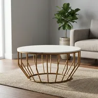 Table basse ronde en marbre blanc avec base en métal doré, design moderne, facile à nettoyer, meubles de salon