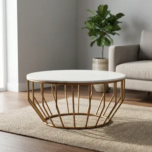 Mesa de Centro Redonda con Tapa de Madera Blanca y Base de Metal Dorado, Diseño Moderno, Fácil de Limpiar, Muebles para Sala de Estar - Product Image 1
