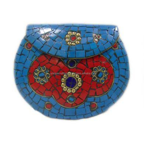 Bolso de Mano Rectangular Metálico Azul con Detalles Dorados, Diseño de Arte Folclórico Pintado a Mano, Efecto Mármol Ahumado, Acabado Brillante, para Mujer, para Fiestas - Product Image 3