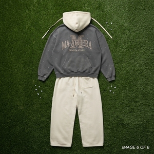 Conjunto de Sudadera con Capucha Gris Oscuro Personalizada y Pantalones Anchos de Felpa Crema, de Algodón, Estilo Urbano Oversize, Venta al por Mayor OEM - Product Image 5