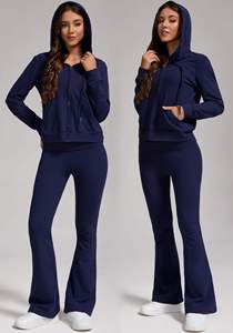 Ensemble de survêtement bleu marine pour femme, tenue de sport décontractée élégante, sweat à capuche zippé et pantalon de jogging assorti, vêtements de sport - Product Image 4