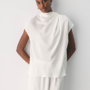 High Premium Quality Women's Clothing OEM/ODM Factory Luxury High Neck Silk <b>Satin</b> <b>Blouse</b> Draped Cap Sleeve Wrap Top For Women - Product Image 1