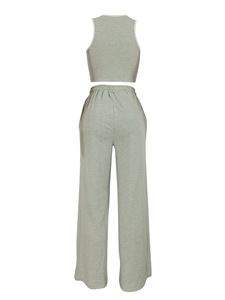 Women Plus Size Tracksuit Sleeveless <b>Crop</b> <b>Top</b> And Wide Leg Sweatpants With <b>Red</b> Stripe Casual Two Piece Set Spring Gray - Product Image 2