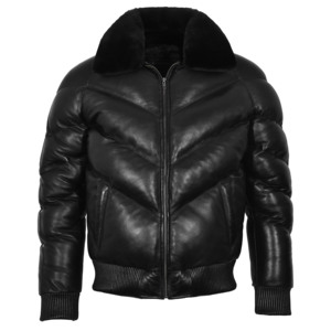 Chaqueta de Invierno Personalizada para Hombre, 100% Cuero Nappa Negro Genuino, Resistente al Viento, con Ribete de Piel, Forro de Poliéster, Marca Privada OEM/ODM - Product Image 1