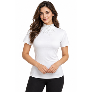Women's White Short Sleeve Shirt Crystal Embellishments Breathable Comfortable Professional Elegant Casual <b>Equestrian</b> Riding Top - Product Image 1