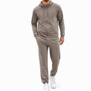 Men's Hooded Tracksuit Set Solid Color Full Zipper Sweatshirt And <b>Pants</b> Casual Autumn Wear Breathable Polyester Cotton Material - Product Image 1