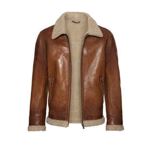 Veste aviateur en cuir véritable marron pour homme avec doublure en fausse fourrure, fermeture éclair, ceinture, style moto hiver - Product Image 6