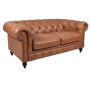 Canapé Chesterfield deux places en cuir véritable de style vintage avec accoudoirs roulés et design matelassé, base en bois massif, canapé élégant - Product Image 3