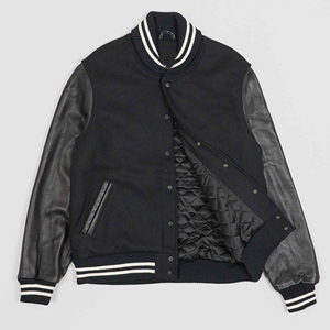 Veste varsity noire pour homme avec manches en cuir et poignets côtelés, vêtement décontracté pour l'automne - Product Image 1