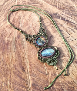 Collier en macramé à double pierre avec pendentif fleur, grand bijou en acier inoxydable à effet vert, HARI OM CREATIONS - Product Image 5