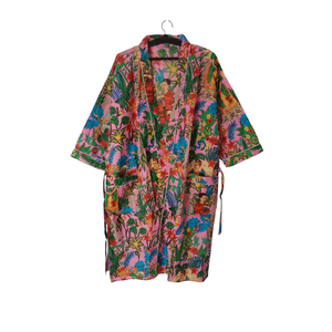 Kimono de Algodón Artesanal con Estampado Floral Boho de Lujo |   Ropa de resort de manga larga con cuello en V para mujer con bolsillos |   Ropa de Dormir Sostenible de Boutique - Product Image 1