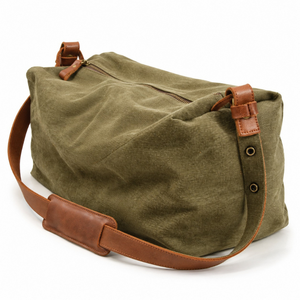 Durable Rectangular Oil <b>Waxed</b> <b>Canvas</b> Travel Duffel <b>Bag</b> Zipper | Long Shoulder Strap Olive Green Weekender Luggage for Outdoor - Product Image 1