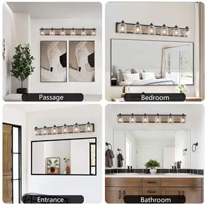 Lámpara de Pared Moderna de Diseño Industrial para Baño, 6 Luces, Pantallas de Vidrio Transparente, Acabado en Madera Negra, 49 Pulgadas - Product Image 6