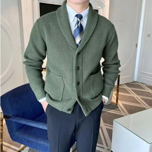 Cardigan en tricot crème de haute qualité pour homme, manches longues, boutons sur le devant, couleur unie, pull d'automne - Product Image 4