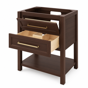 Modern Bathroom Vanity Cabinet Dark <b>Walnut</b> Wood 30 In Floor Standing With Drawers And Open Shelf Solid Wood Bathroom Vanity - Product Image 3
