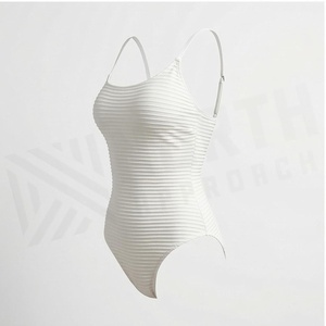 Traje de Baño Entero Acanalado Blanco para Mujer, de Spandex y Nylon, Estilo Bandeau sin Tirantes, Diseño Elástico Tejido de Color Liso - Product Image 3
