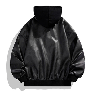 Chaqueta Bomber Negra con Capucha para Hombre, Cierre de Cremallera, Manga Larga, Casual, Resistente al Viento, Color Sólido, Corte Holgado, para Otoño - Product Image 3