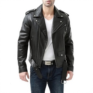 Blouson moto homme noir en cuir véritable, coupe ajustée, col rabattu, fermeture éclair, ceinture à la taille, décontracté, printemps, logo frontal - Product Image 6