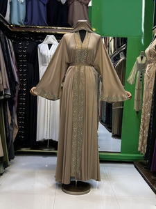 Wholesale Modest Dubai Beaded Sequined Long Sleeve Abaya Muslim Traditional Handmade Wedding Women Polyester Breathable V Neck - Product Image 2