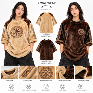 Camiseta Unisex Reversible de Manga Corta con Pelo Sintético, Cuello Redondo Oversize, Patrón Geométrico Bordado, Cálida y Cómoda para Invierno, Holgada - Product Image 1