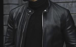 Veste de moto en cuir véritable noir de haute qualité pour homme, col montant, fermeture éclair, coupe ajustée, pour l'automne - Product Image 2