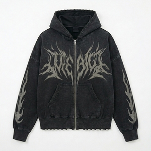 Sudadera con capucha negra lavada para hombre con cremallera, gráfico, estilo urbano oversize, dobladillo desgastado, fabricante de ropa personalizada - Product Image 1
