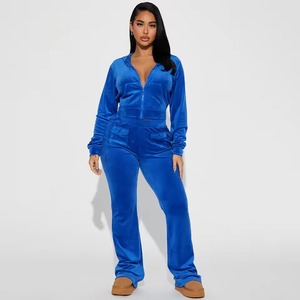 Conjunto Deportivo de Terciopelo Azul para Mujer, Talla Grande, con Capucha y Cremallera Completa, Manga Larga, Pantalones Acampanados, Color Sólido, Ropa de Invierno - Product Image 1