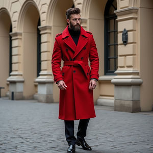 Abrigo largo de lana rojo para hombre, con doble botonadura, cuello con muescas, cinturón, ropa de abrigo cálida para invierno - Product Image 1