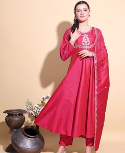 Women Silk <b>Salwar</b> <b>Kameez</b> Set <b>Pink</b> Embroidered Ankle Length Regular Fit Recycled Materials Traditional Indian Pakistani Outfit - Product Image 1