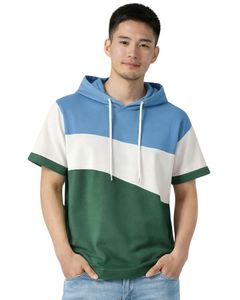 เสื้อยืดมีฮู้ดแขนสั้นผู้ชาย สีฟ้า ขาว เขียว บล็อกสี ลำลอง สวมหัว มีฮู้ด เนื้อผ้านุ่ม ผสมผ้าฝ้าย ใส่สบายในฤดูร้อน แฟชั่น - Product Image 1