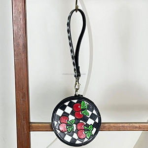 Western Cherry Round Coin Purse Checkered <b>Wristlet</b> for Women Handmade Tooled Leather Zipper Wallet Cute Checkerboard Pouch Bag - Product Image 5