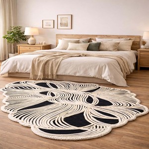 Abstract Black White Wool Viscose Irregular Area Rug Modern Line Art Organic Shape Living Room Bedroom Designer Carpet Decor - Product Image 2